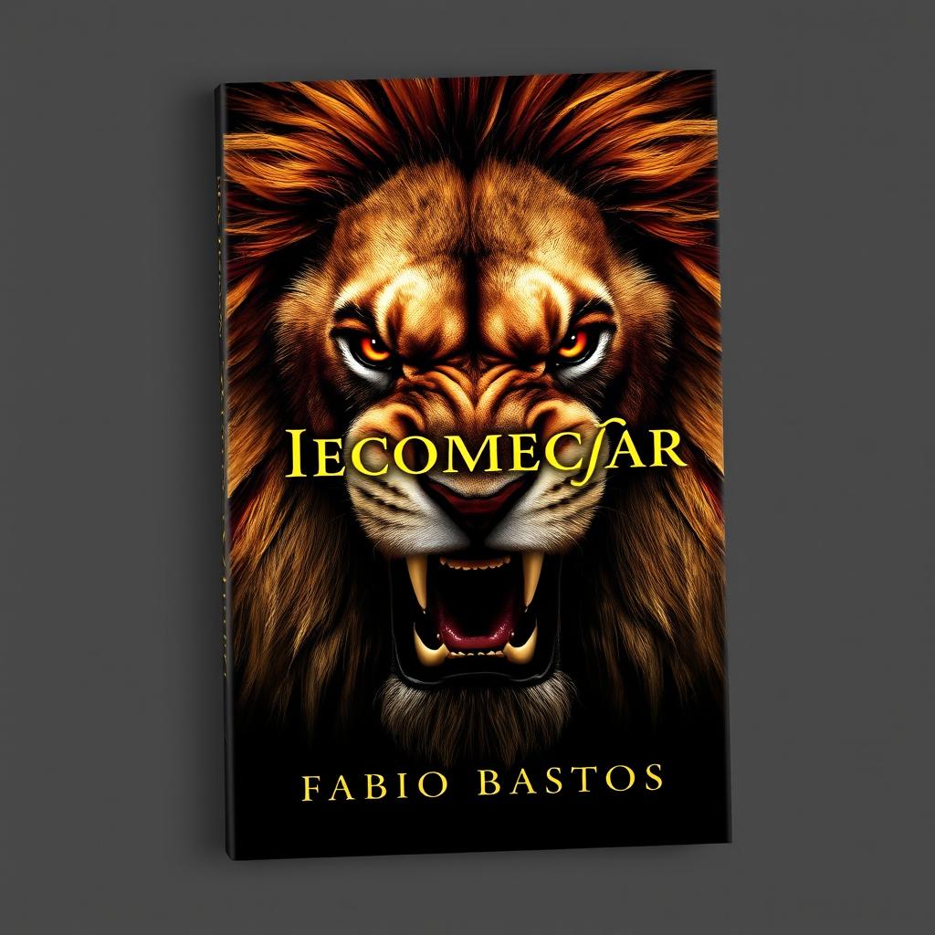 A book cover with the face of an angry lion, its mane dramatically flowing and eyes fiercely intense