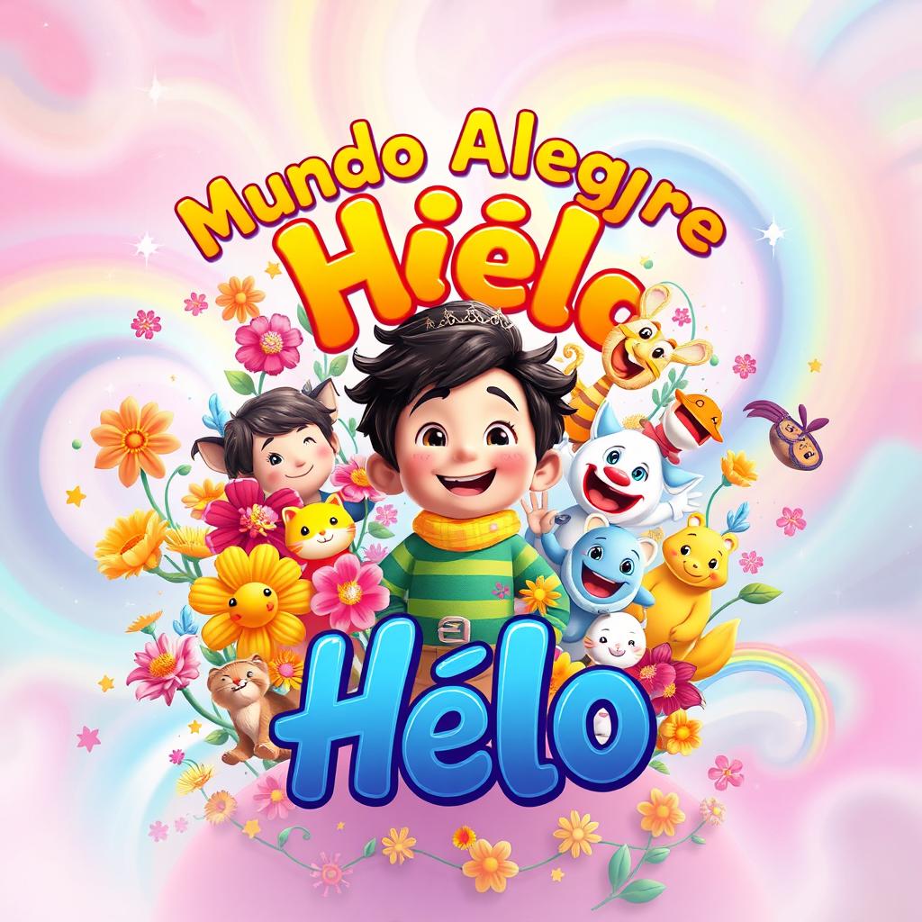 A colorful and lively poster for "Mundo Alegre de Hêlo", featuring Hêlo in the center surrounded by a diverse array of cheerful characters