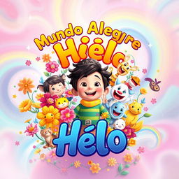 A colorful and lively poster for "Mundo Alegre de Hêlo", featuring Hêlo in the center surrounded by a diverse array of cheerful characters