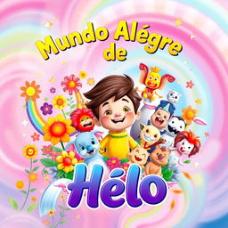 A colorful and lively poster for "Mundo Alegre de Hêlo", featuring Hêlo in the center surrounded by a diverse array of cheerful characters