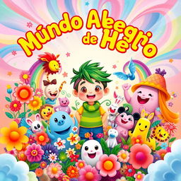 A colorful and lively poster for "Mundo Alegre de Hêlo", featuring Hêlo in the center surrounded by a diverse array of cheerful characters