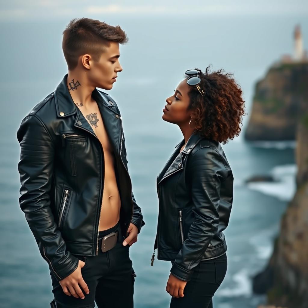 A teenage biker with short hair, wearing a leather jacket and black pants, showing a neck tattoo