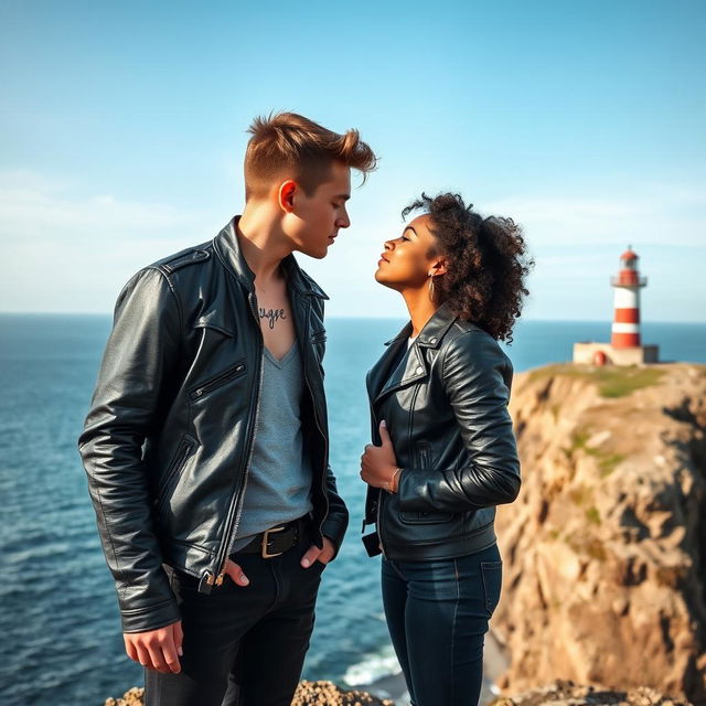 A teenage biker with short hair, wearing a leather jacket and black pants, showing a neck tattoo