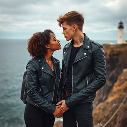 A teenage biker with short hair, wearing a leather jacket and black pants, showing a neck tattoo