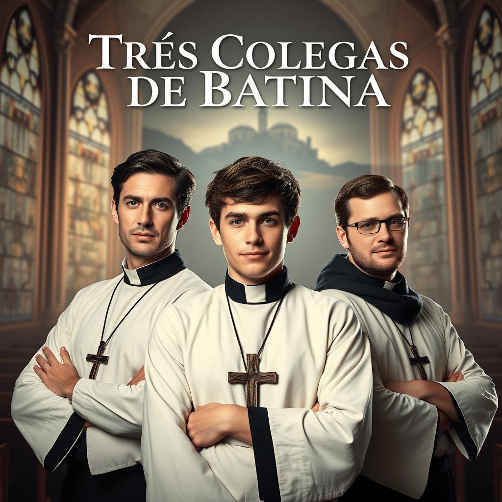 A captivating movie poster for "Três Colegas de Batina" featuring three young and spirited priests, each with distinct personalities, standing proudly in their clerical attire