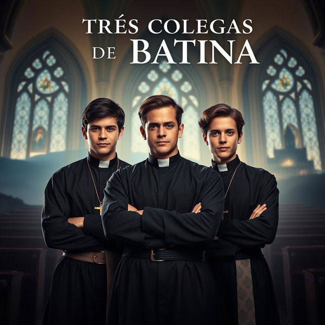 A captivating movie poster for "Três Colegas de Batina" featuring three young and spirited priests, each with distinct personalities, standing proudly in their clerical attire