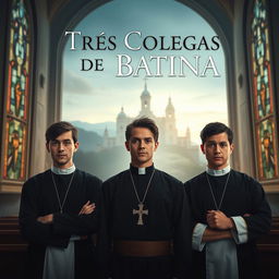 A captivating movie poster for "Três Colegas de Batina" featuring three young and spirited priests, each with distinct personalities, standing proudly in their clerical attire