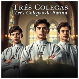 A captivating movie poster for "Três Colegas de Batina" featuring three young and spirited priests, each with distinct personalities, standing proudly in their clerical attire