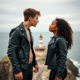 A teenage biker with short hair, wearing a leather jacket and black pants, showing a neck tattoo