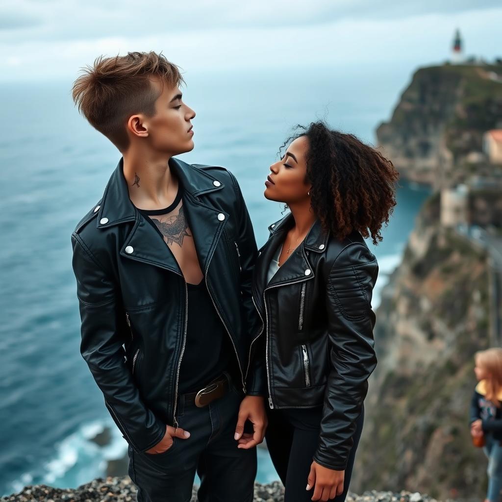 A teenage biker with short hair, wearing a leather jacket and black pants, showing a neck tattoo