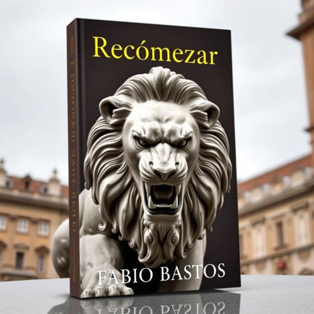 A book cover showcasing a statue of a furious lion in Italy, capturing the majestic and intense expression of the lion