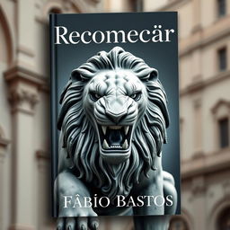 A book cover showcasing a statue of a furious lion in Italy, capturing the majestic and intense expression of the lion