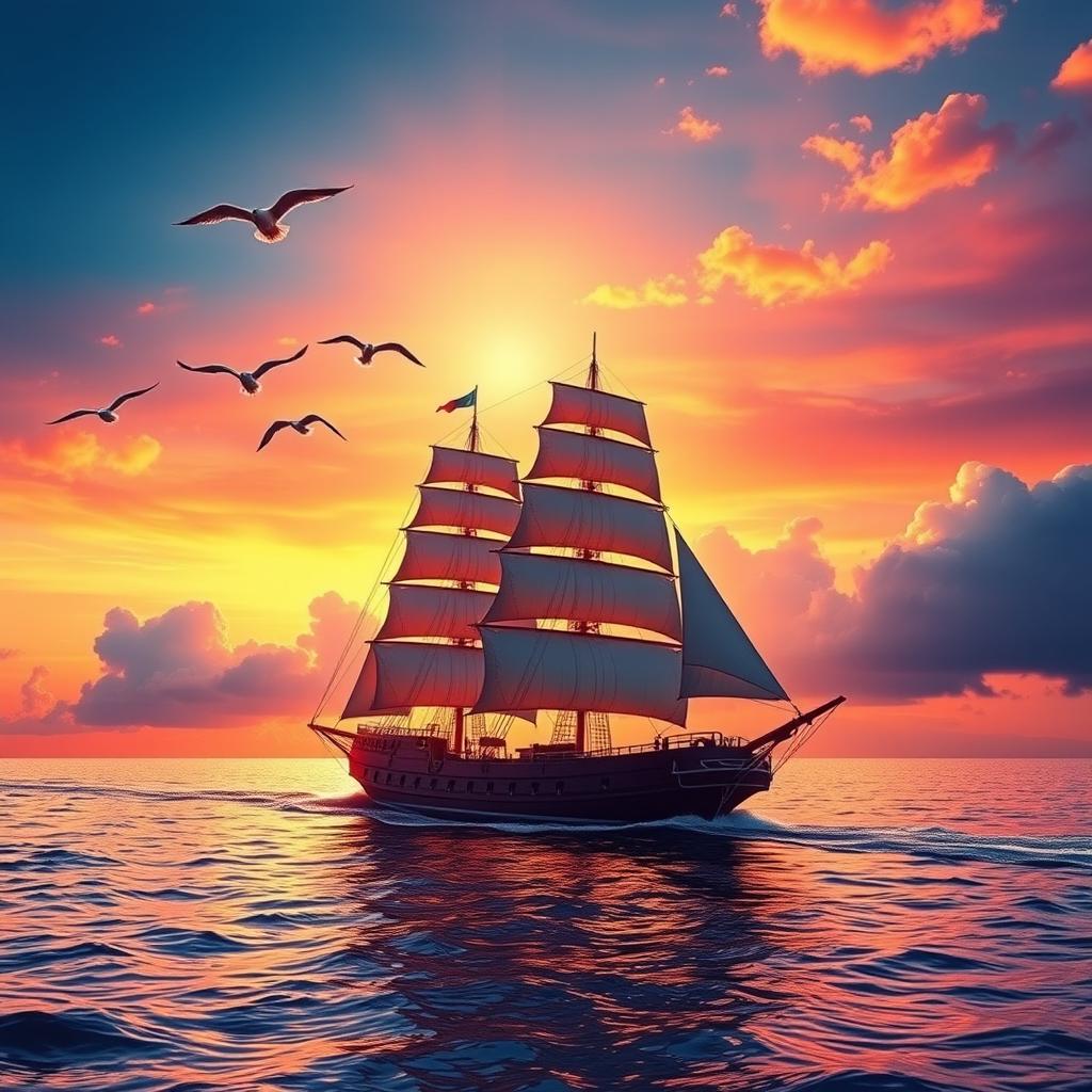 A majestic ship setting sail into the sunset, with the sky painted in vibrant hues of orange, pink, and purple