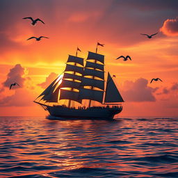 A majestic ship setting sail into the sunset, with the sky painted in vibrant hues of orange, pink, and purple