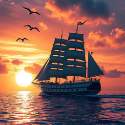 A majestic ship setting sail into the sunset, with the sky painted in vibrant hues of orange, pink, and purple