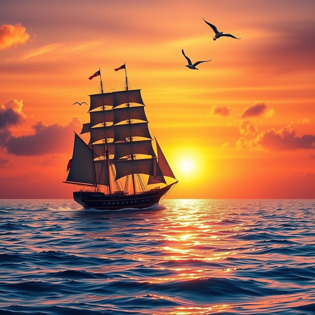 A majestic ship setting sail into the sunset, with the sky painted in vibrant hues of orange, pink, and purple