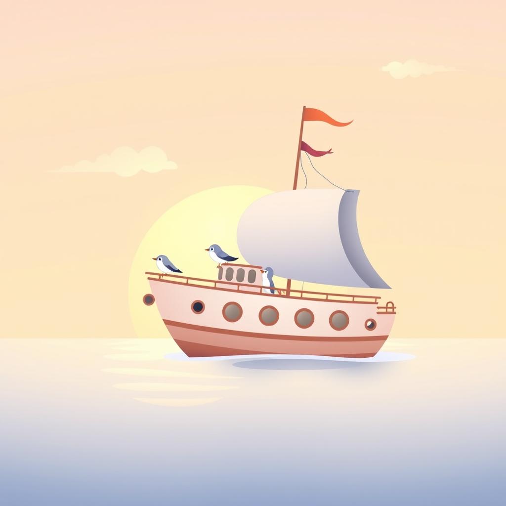 A charming and child-friendly illustration of a ship setting sail during a soft sunset