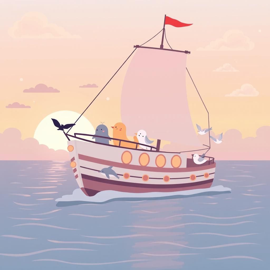 A charming and child-friendly illustration of a ship setting sail during a soft sunset