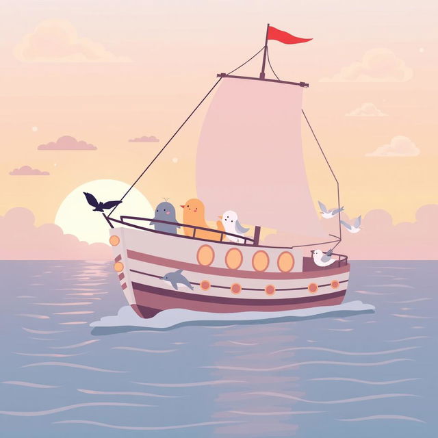 A charming and child-friendly illustration of a ship setting sail during a soft sunset