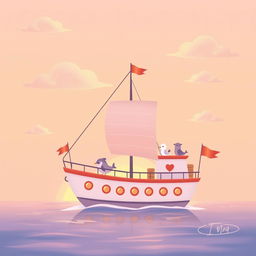 A charming and child-friendly illustration of a ship setting sail during a soft sunset