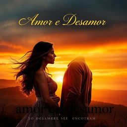 A romantic and dramatic poster featuring a couple standing on a scenic hill at sunset, with warm colors in the sky symbolizing love and heartache