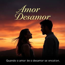 A romantic and dramatic poster featuring a couple standing on a scenic hill at sunset, with warm colors in the sky symbolizing love and heartache