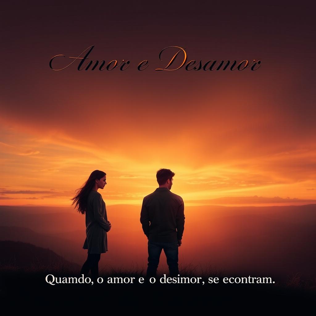 A romantic and dramatic poster featuring a couple standing on a scenic hill at sunset, with warm colors in the sky symbolizing love and heartache