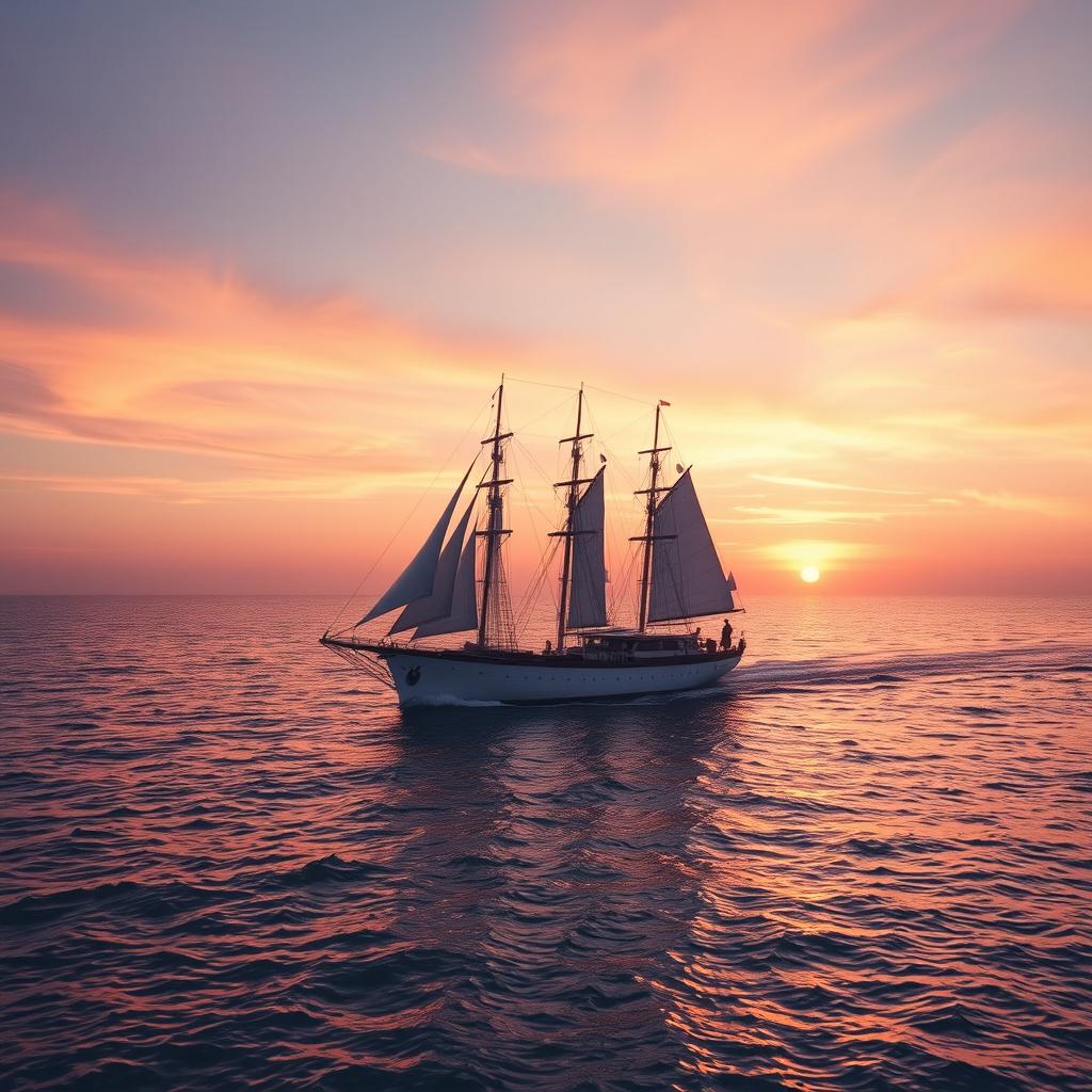 A captivating image of a ship departing at sunset, with soft, attractive colors creating a serene yet striking visual