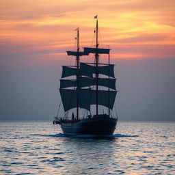 A captivating image of a ship departing at sunset, with soft, attractive colors creating a serene yet striking visual