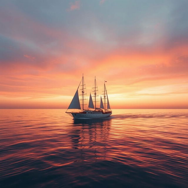 A captivating image of a ship departing at sunset, with soft, attractive colors creating a serene yet striking visual