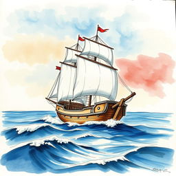 A beautifully drawn image of a ship departing, crafted by an artist's hand