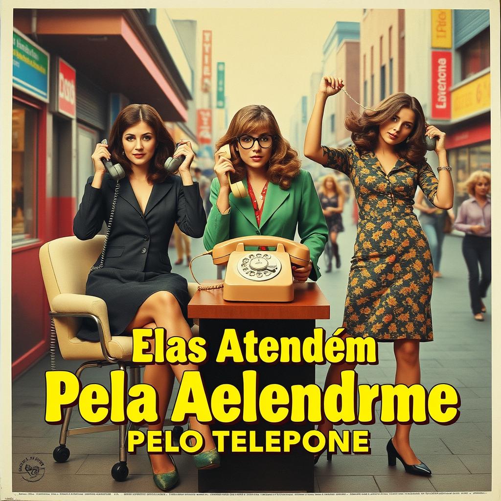 A vibrant and intriguing movie poster for the fictional film 'Elas Atendem Pelo Telefone'