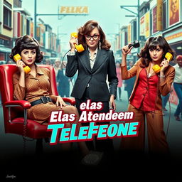 A vibrant and intriguing movie poster for the fictional film 'Elas Atendem Pelo Telefone'