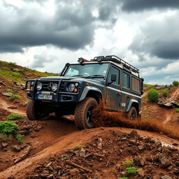 A rugged 4x4 vehicle making its way through a challenging off-road terrain