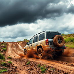 A rugged 4x4 vehicle making its way through a challenging off-road terrain