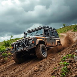 A rugged 4x4 vehicle making its way through a challenging off-road terrain