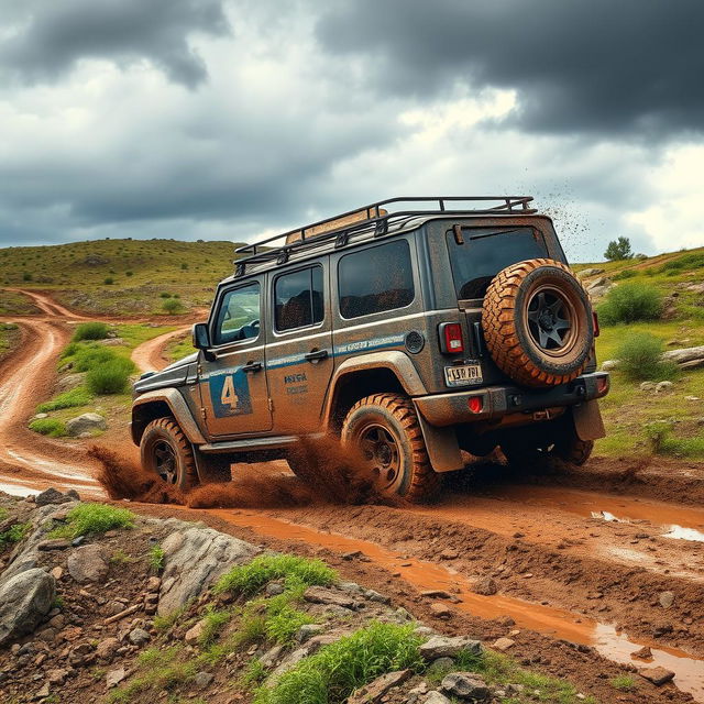 A rugged 4x4 vehicle making its way through a challenging off-road terrain