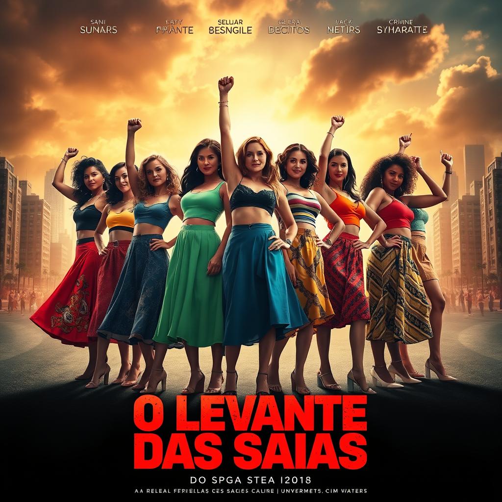 Create a captivating movie poster for "O Levante das Saias," featuring a bold and rebellious theme