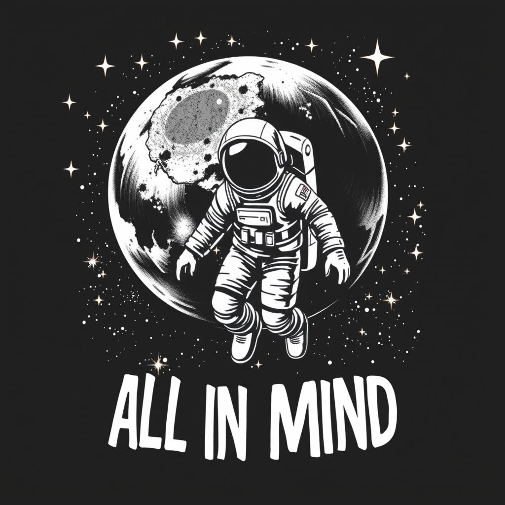 A clothing design featuring a black and white realistic depiction of an astronaut floating in the galaxy, surrounded by shimmering stars