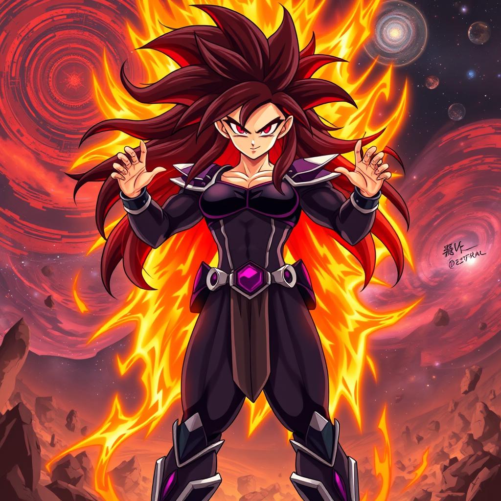 In the Dragon Ball Z art style, Echalott in her 'Celestial Fury' transformation, inspired by the Super Saiyan God form
