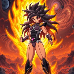 In the Dragon Ball Z art style, Echalott in her 'Celestial Fury' transformation, inspired by the Super Saiyan God form