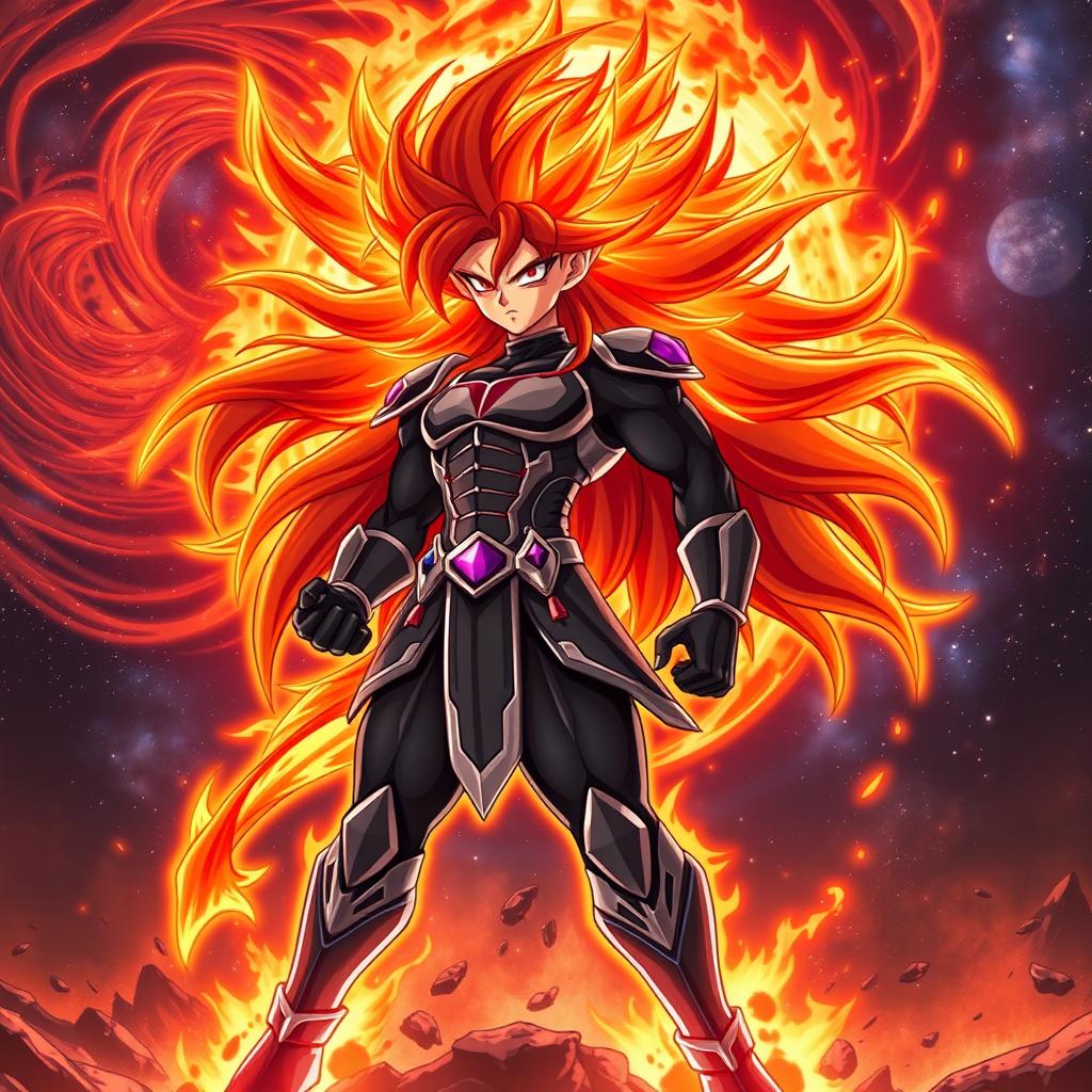 In the Dragon Ball Z art style, Echalott in her 'Celestial Fury' transformation, inspired by the Super Saiyan God form