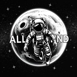 A clothing design featuring a black and white realistic depiction of an astronaut floating in the galaxy, surrounded by shimmering stars