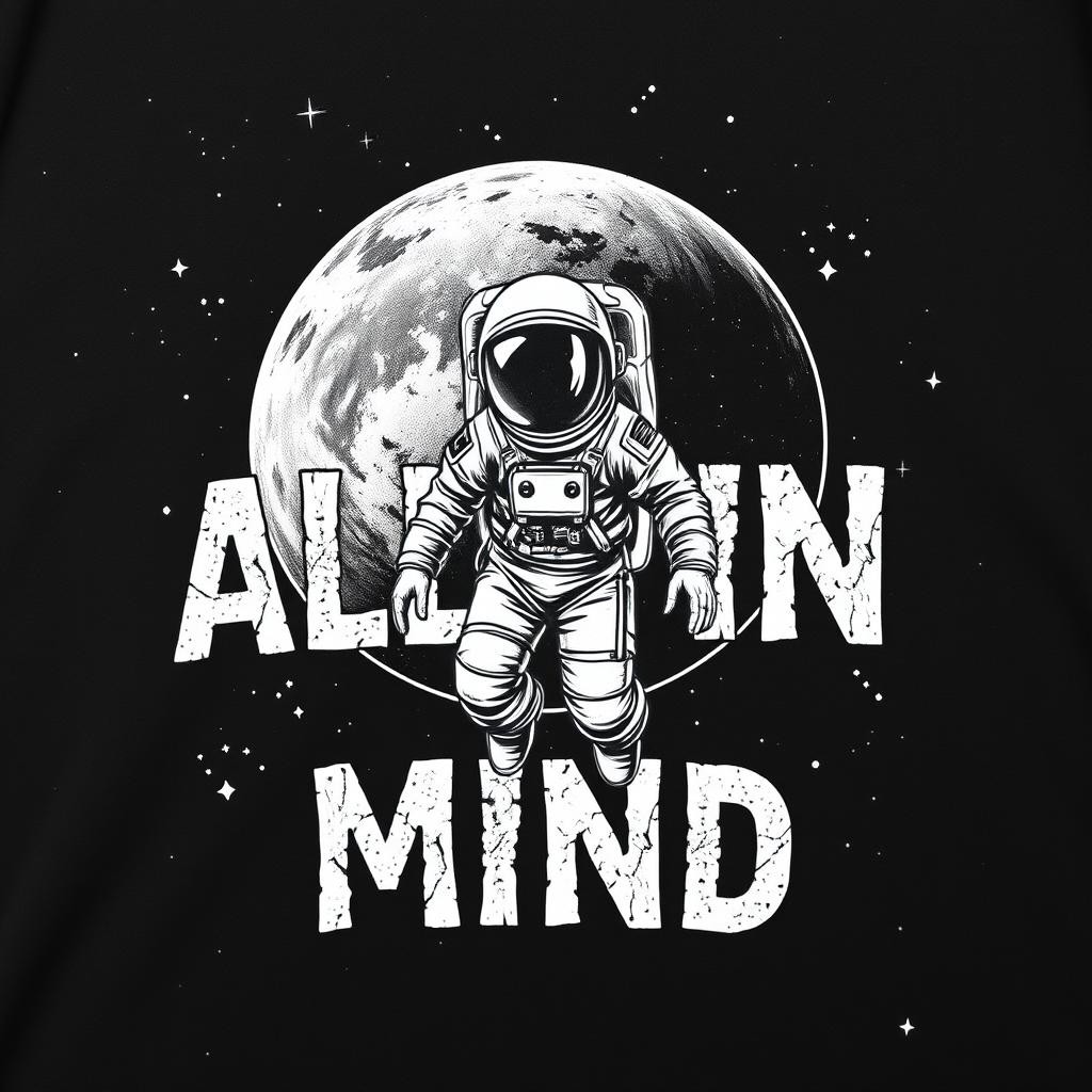 A clothing design featuring a black and white realistic depiction of an astronaut floating in the galaxy, surrounded by shimmering stars