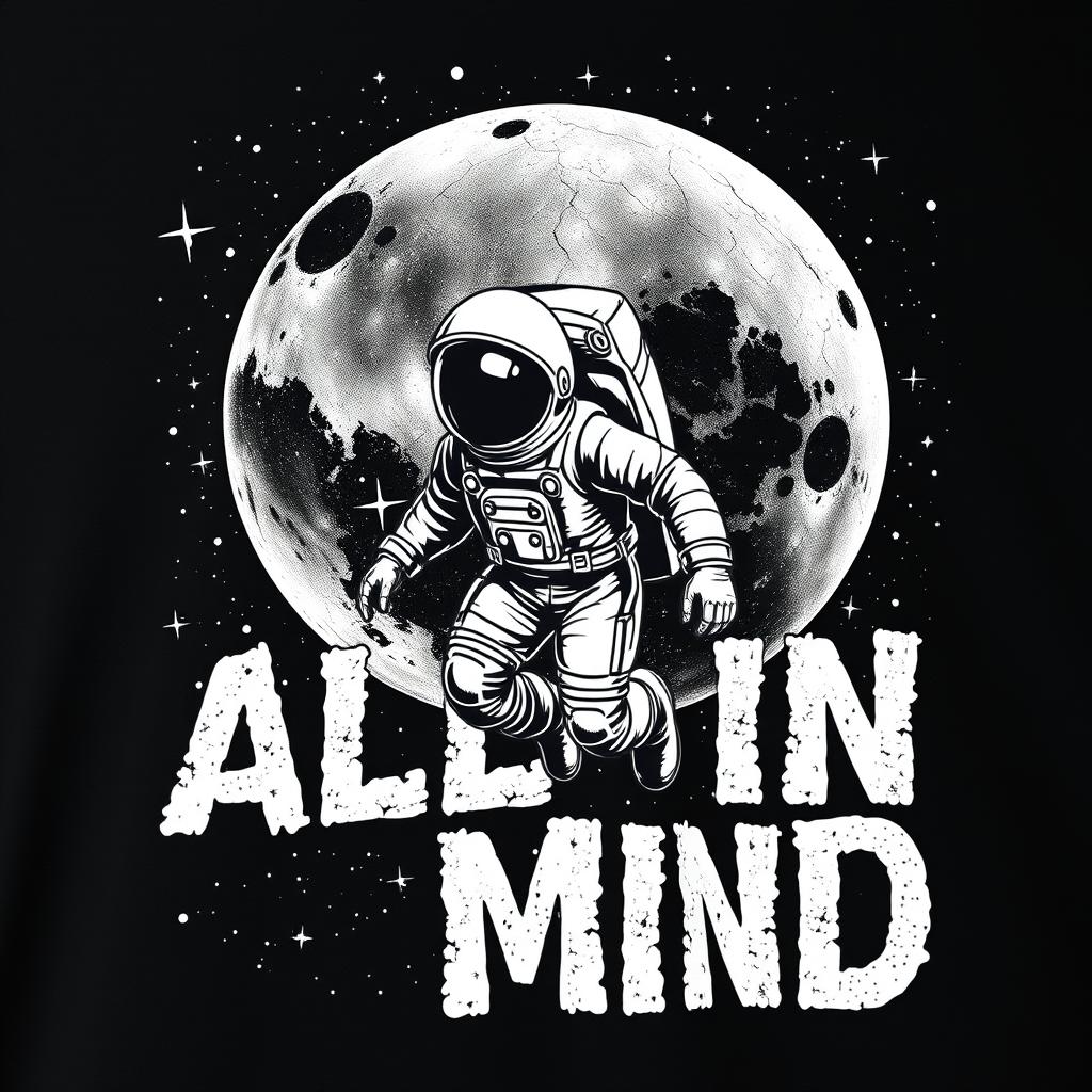 A clothing design featuring a black and white realistic depiction of an astronaut floating in the galaxy, surrounded by shimmering stars