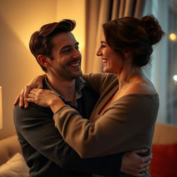 A romantic scene featuring a handsome man with an arm wrapped around a woman's waist, both of them sharing a soft chuckle