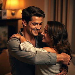 A romantic scene featuring a handsome man with an arm wrapped around a woman's waist, both of them sharing a soft chuckle