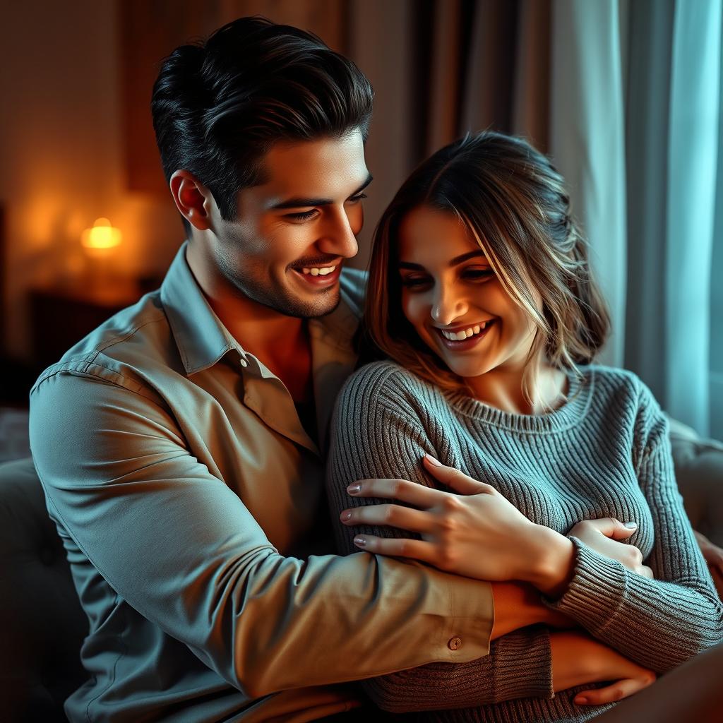 A romantic scene featuring a handsome man with an arm wrapped around a woman's waist, both of them sharing a soft chuckle