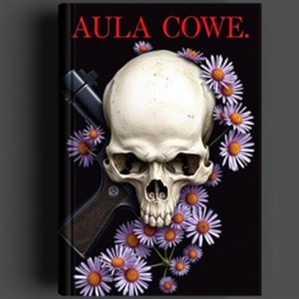 A book cover design featuring a gun intertwined with a skull, surrounded by blooming aster flowers