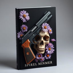 A book cover design featuring a gun intertwined with a skull, surrounded by blooming aster flowers